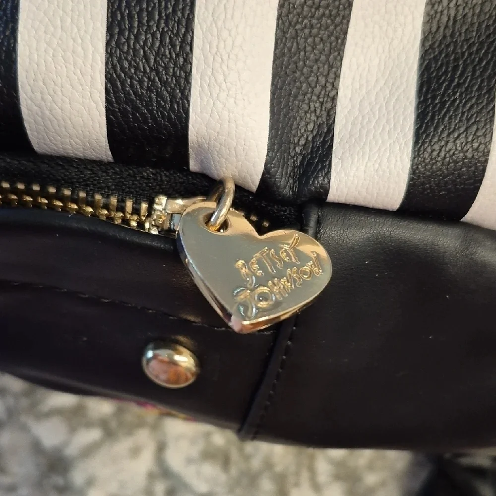Betsey Johnson Black and White Embroidered Striped Backpack